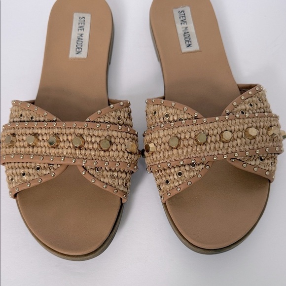 Steve Madden Tan Gold Slide Embellished Sandals Size 9 - Picture 6 of 10